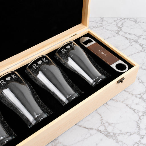 Personalised wedding beer gift set with four engraved glasses and wooden keepsake box