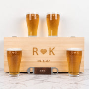 Personalised wooden beer set for couples with four engraved glasses and barmate bottle opener