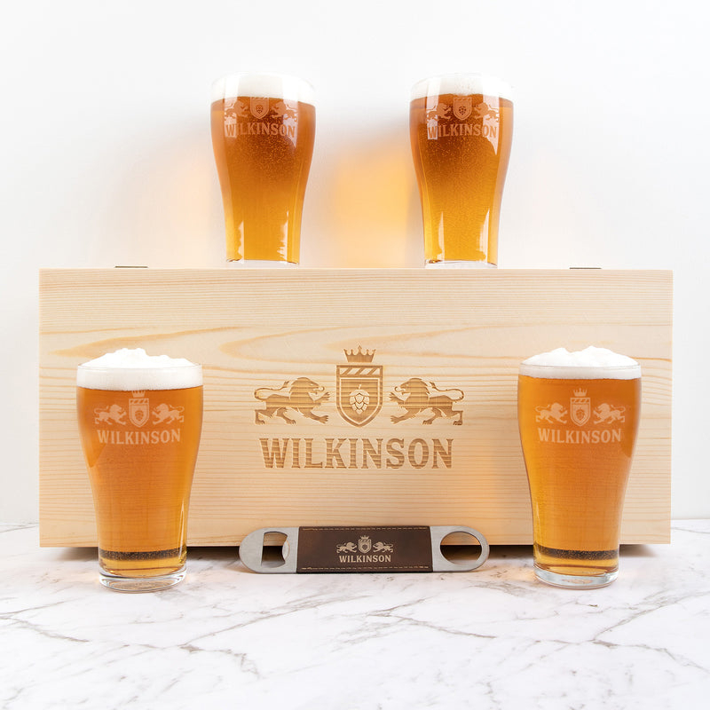 Custom Beer Glasses in Wooden Gift Box