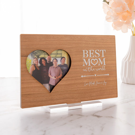 Personalised cherry wood photo card with heart cut-out and printed photo for Mother’s Day gift