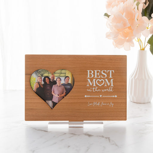 Engraved wooden photo card with custom message and acrylic stand for Mum or Grandma