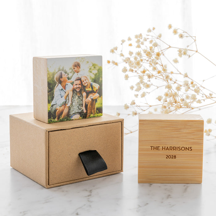 Mini wooden photo block with engraved message on back