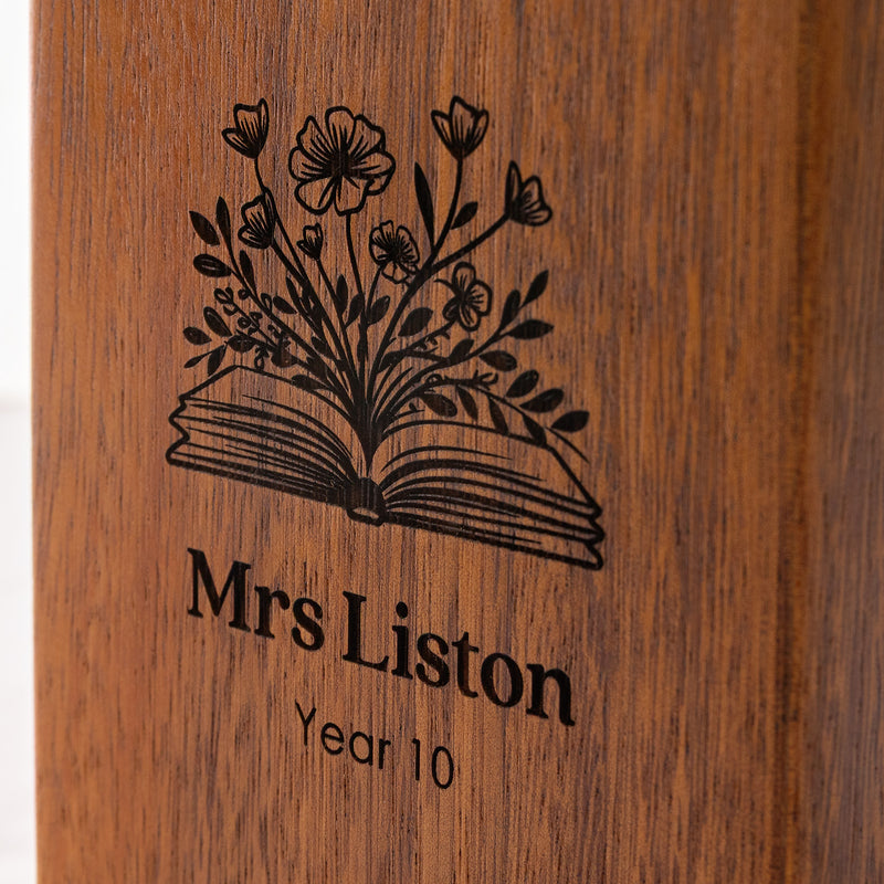 Engraved wooden stationery holder for teacher with personalised message