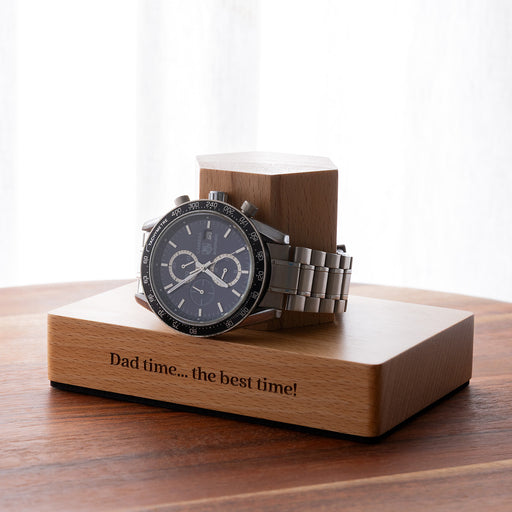 Personalised wooden watch stand engraved with a custom name, initials or message, perfect for displaying and protecting one watch.