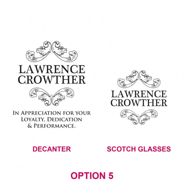 Engraved Deluxe Square Whiskey Decanter PLUS 2 Scotch Glasses Corporate Gift