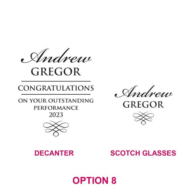 Engraved Deluxe Square Whiskey Decanter PLUS 2 Scotch Glasses Corporate Gift