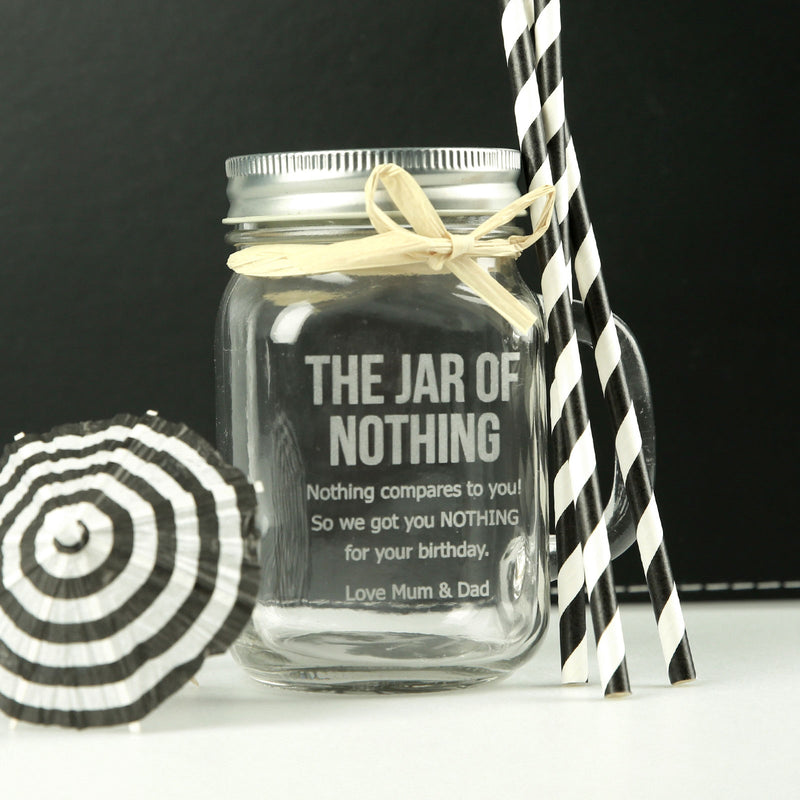 Customised Engraved Jar of Nothing Mason Jar with Silver Lid and Raffia Tie
