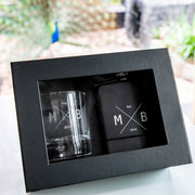 Personalised Gift Boxed Birthday Engraved Round Scotch Glass and Black 7oz Hip Flask
