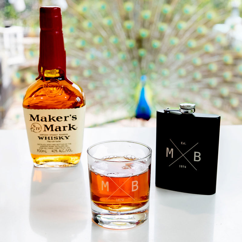 Custom Designed Birthday Engraved Round Scotch Glass and Black 7oz Hip Flask Gift