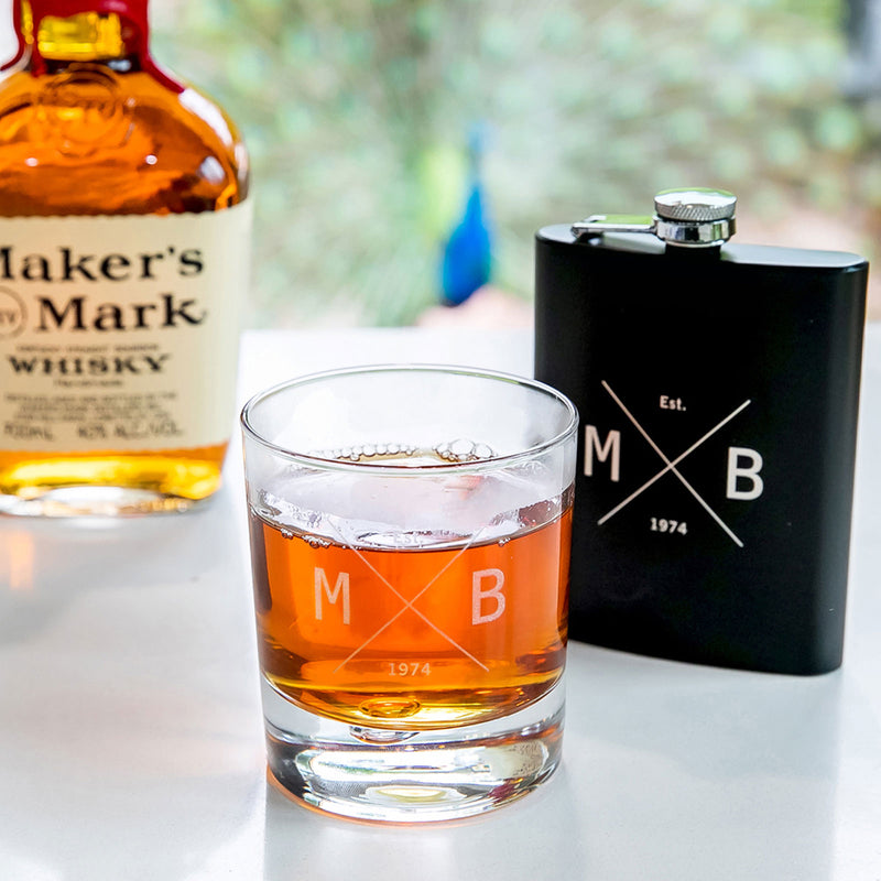 Custom Artwork Engraved Round Scotch Glass and Black 7oz Hip Flask Birthday Gift