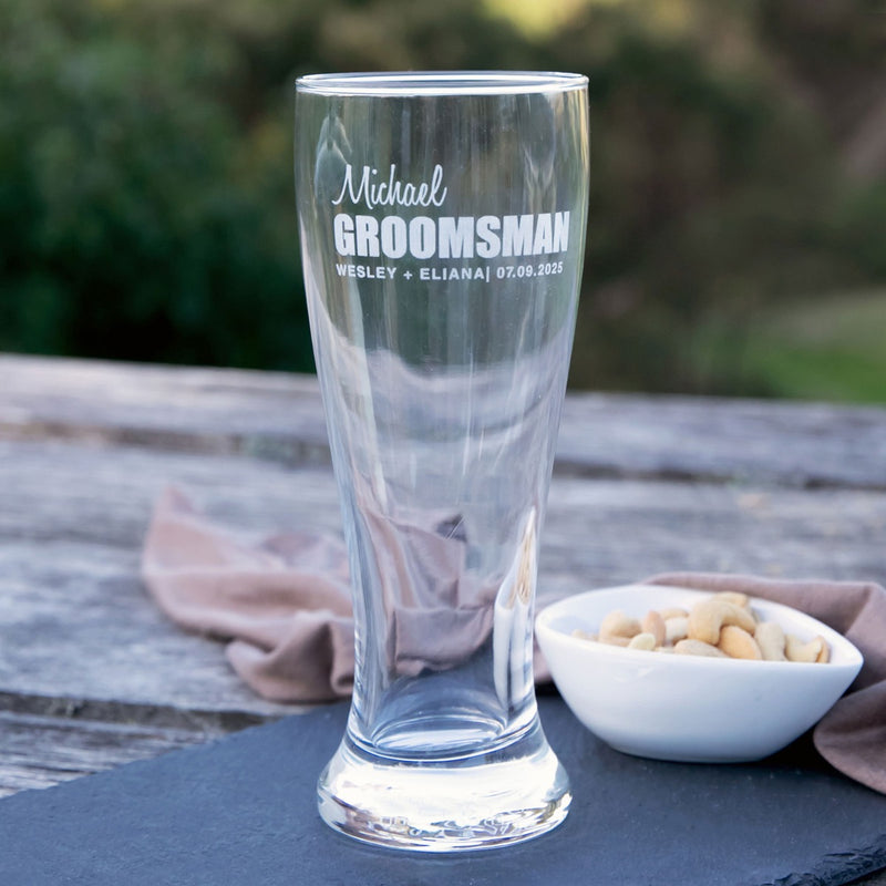 Customised Artwork Engraved Groomsman Beer Schooner Glass Wedding Bomboniere