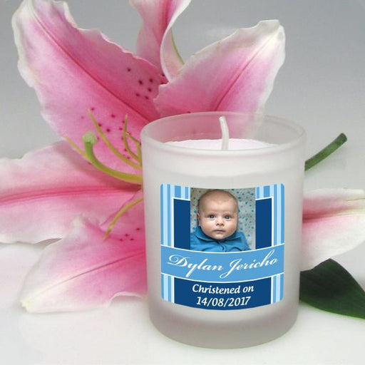 Personalised Colour Printed Frosted Glass Votive Baby Boy Christening Candle Sticker
