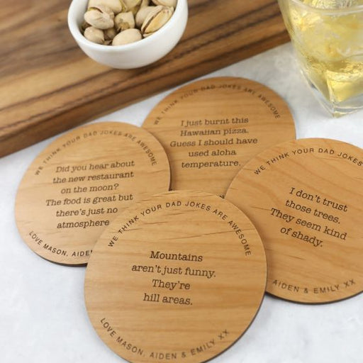 Customised Engraved Set of 4 Father's Day "Dad's Bad Jokes" Wooden Coaster Gift