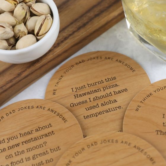 Custom Designed Engraved Set of 4 Father's Day "Bad Jokes" Wooden Coaster Present