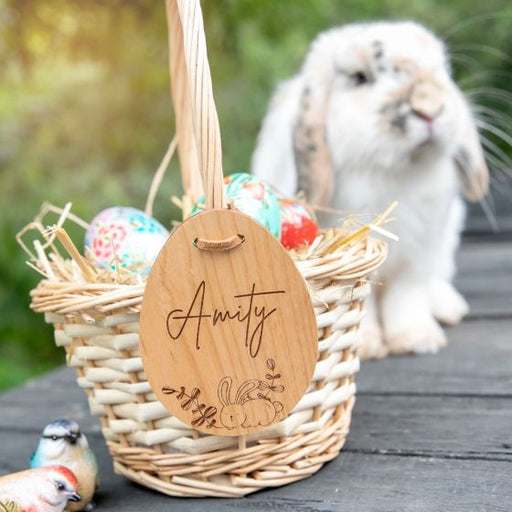 Personalised Engraved Easter Egg shape wooden gift tag and basket