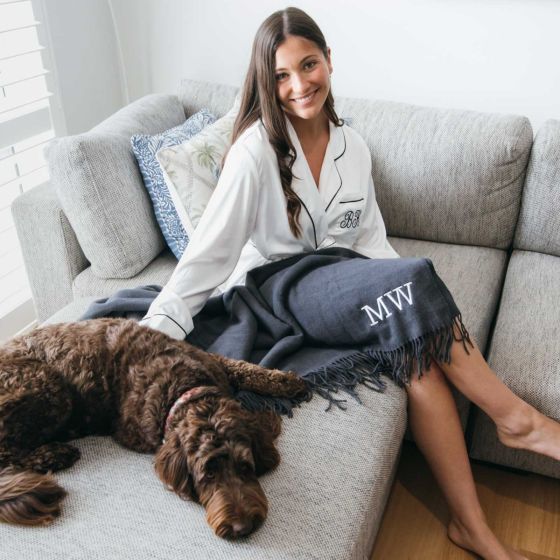 Customised Embroidered Monogrammed Grey 100% Merino Wool Blanket with Gift Box