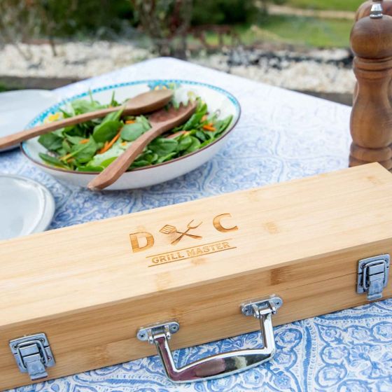 Custom designed Engraved 3 Piece BBQ Utensils Set with Engraved Wooden Carry Case Christmas Present