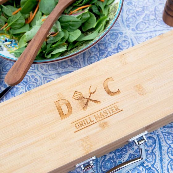 Custom Artwork Engraved 3 Piece BBQ Utensils Set with Engraved Wooden Carry Case Christmas Present