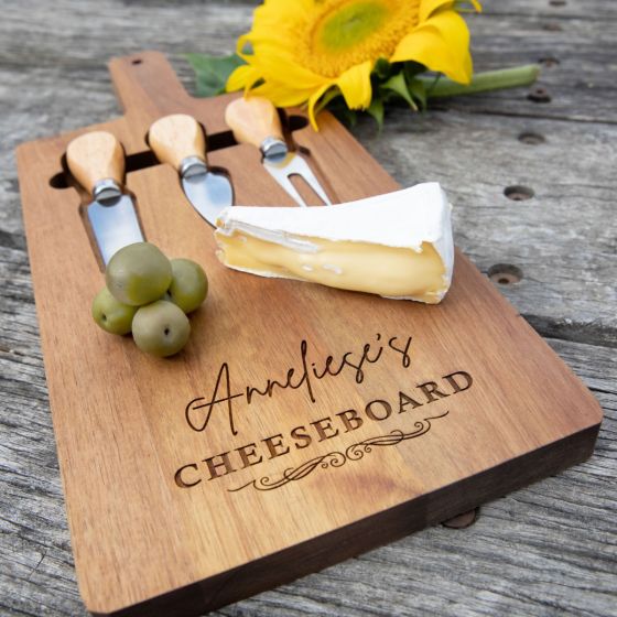 Custom Artwork Engraved Acacia Wood Cheese Serving Board with Utensil Set Housewarming present