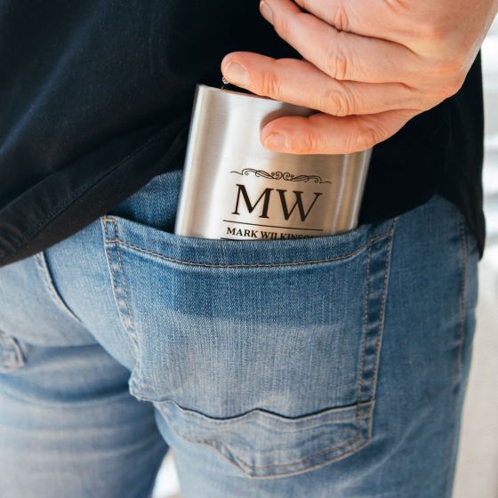 Custom Artwork Engraved Name and Initials Silver 7oz Hip Flask