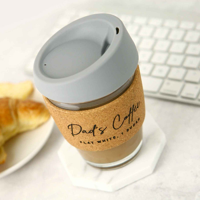 Personalised Engraved Cork Band Grey Silicone Lid Glass Coffee Reusable Travel Cup Father's Day Present