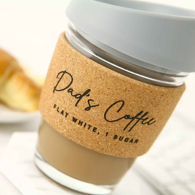 Personalised Engraved Cork Band Silicone Lid Glass Coffee Insulated Keep Cup Travel Mug Grey Father's Day Present