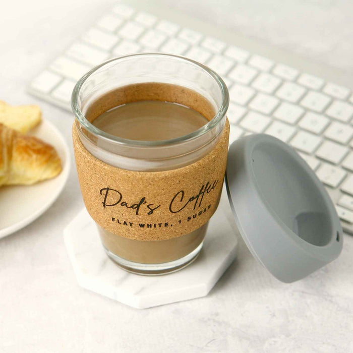 Father's Day Custom Designed Engraved Cork Band Grey Silicone Lid Glass Coffee Reusable Travel Cup Gift