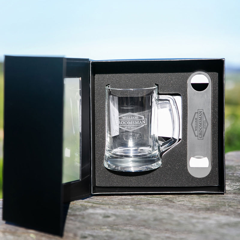Customised Gift Boxed Engraved Groomsman, Best Man 500ml Beer Mug and Stainless Steel Barmate Wedding Favour