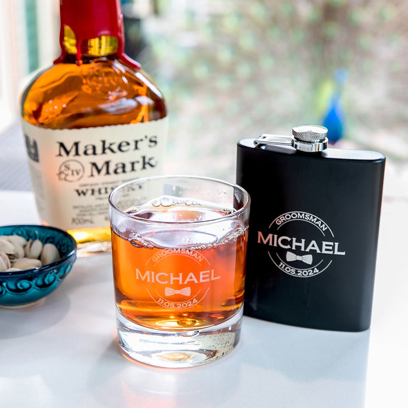 Custom Artwork Gift Boxed Groomsman, Best Man, Father of the Bride Engraved Round Scotch Glass and Black 7oz Hip Flask Wedding Gift