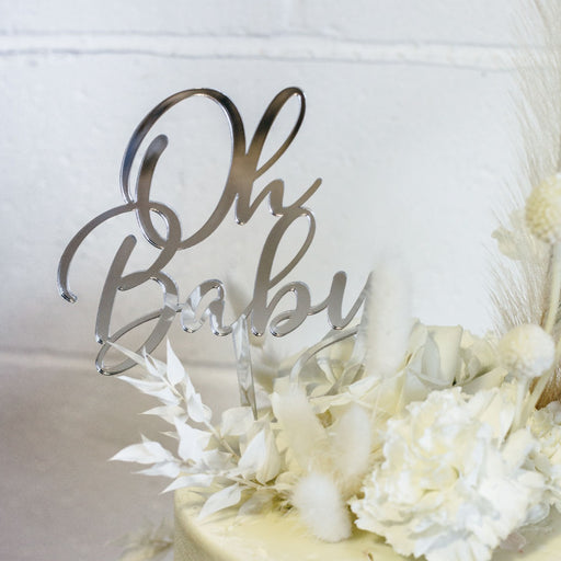 Laser Cut Silver "Oh Baby" Baby Shower, Christening, Baptism, Naming Day and Cake Topper
