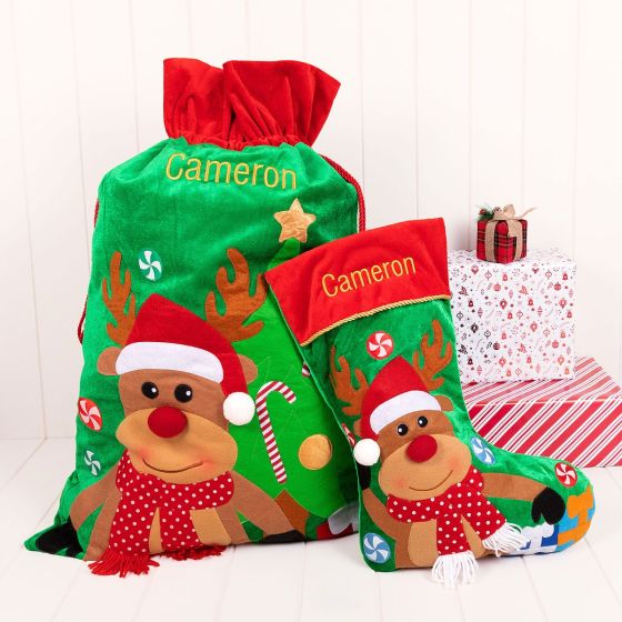Personalised Gold Embroidered Name Reindeer Santa Sack