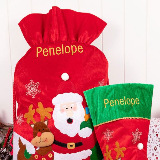 Custom Embroidered Name Santa and Reindeer Santa Sack and Stocking