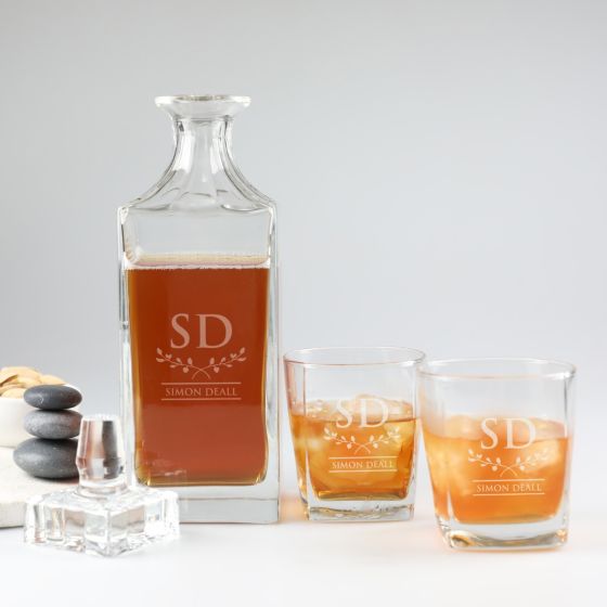 Customised Engraved Deluxe Square Monogrammed Whiskey Decanter PLUS 2 Scotch Glasses
