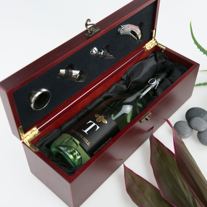 Corporate Wooden Stained Wine Box Set Gift with wine stopper, waiter’s friend, aerator and cork saver