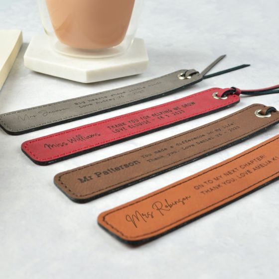 Custom Designed Engraved Leatherette Grey, Brown & Red Teacher Christmas Bookmarks gift present