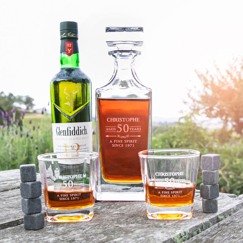 Custom Artwork Engraved Decanter, Scotch Glasses and Whiskey Stone Wooden  Gift Boxed Set 50th Birthday Gift