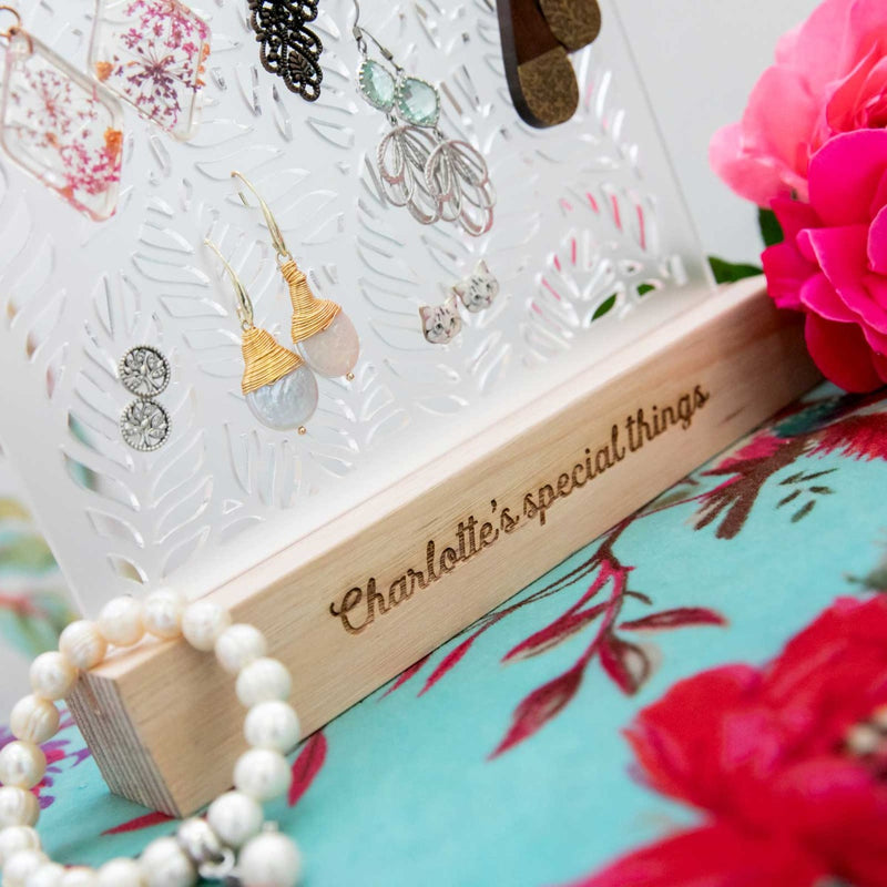 Acrylic Jewellery Holder with Engraved Wooden Base