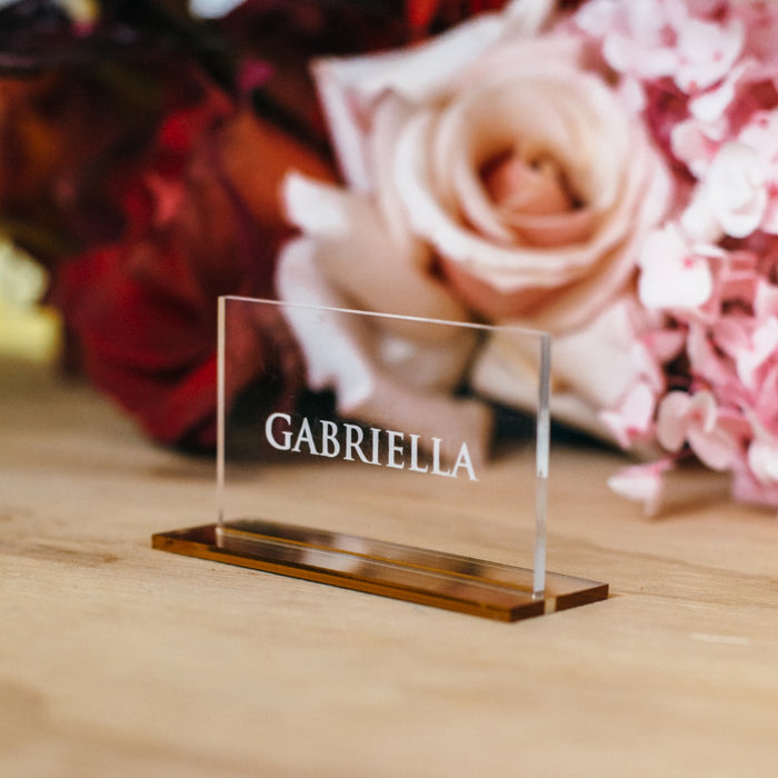 Engraved Clear Acrylic Rectangle Wedding Placecards with Base Stand