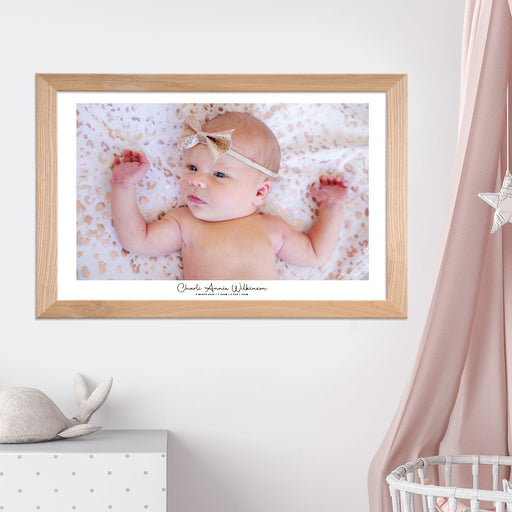 Wall Hanging Acrylic Newborn Baptism Photo Print in Natural Wooden Frame Present
