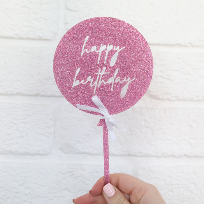 Birthday Balloon Glitter Acrylic Cake Topper with Ribbon