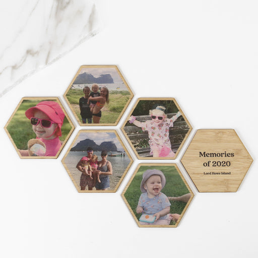 Customised Magnetic Hexagon Shaped Bamboo Photo Prints Set of 6 Birthday's Day Present