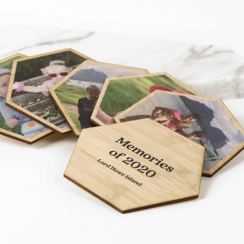 Customised Magnetic Hexagon Shaped Bamboo Photo Prints Set of 6 Father's Day Gift