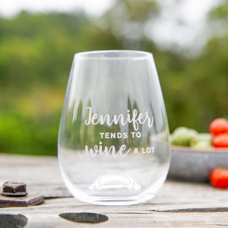 Personalised stemless wine glass engraved with name