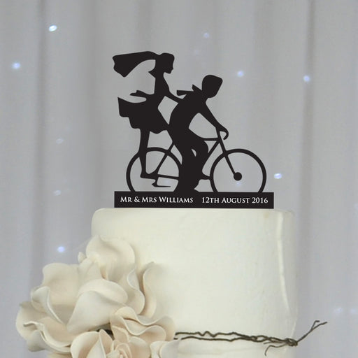 Laser cut and engraved Bicycle Silhouette Black Acrylic Wedding Reception Cake Topper