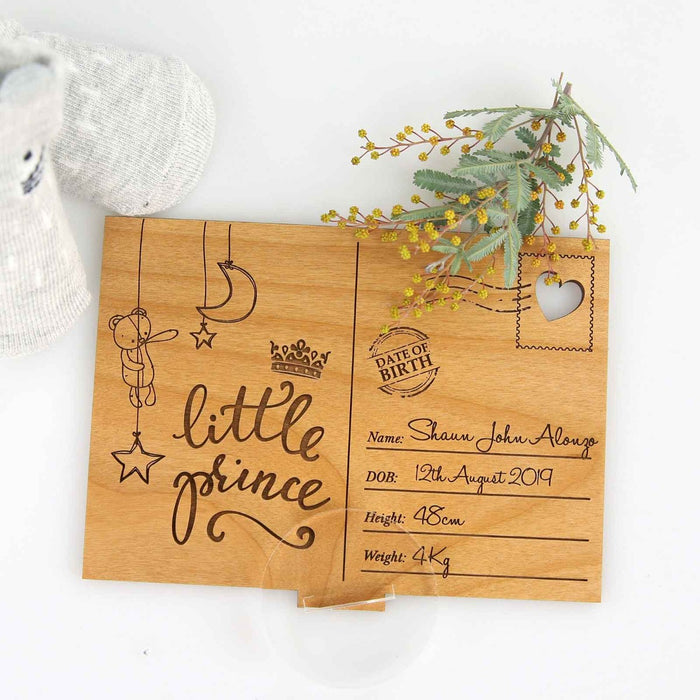 Custom Designed Engraved Wooden Baby Announcement or keepsake Postcard with Stand  Present