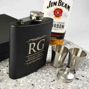 Personalised Engraved  Birthday Black Hip Flask With Silver Shot Glasses and Funnel in Presentation Box