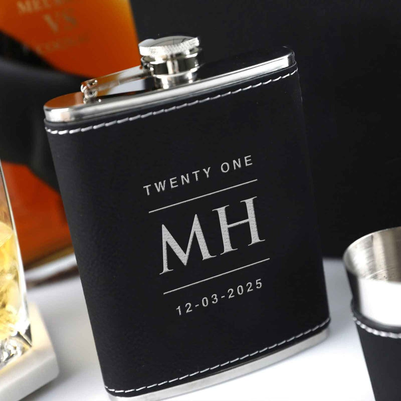 Customised Engraved Birthday Silver & Black Leatherette Hip Flask and shot Glass Set Present