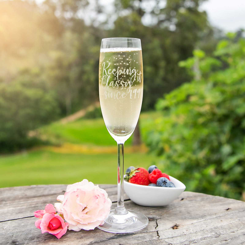 Custom Designed Engraved Keep it classy since 1997 Birthday Wine Glass Present