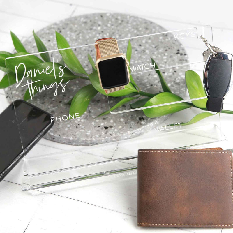 Personalised Engraved Clear Acrylic Phone, Watch, Keys, Wallet Organiser Holder Birthday Present