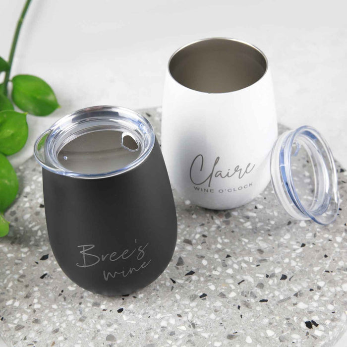 Custom Designed Engraved Black and White Stemless Wine Sipper with Clear Lid Birthday Gift